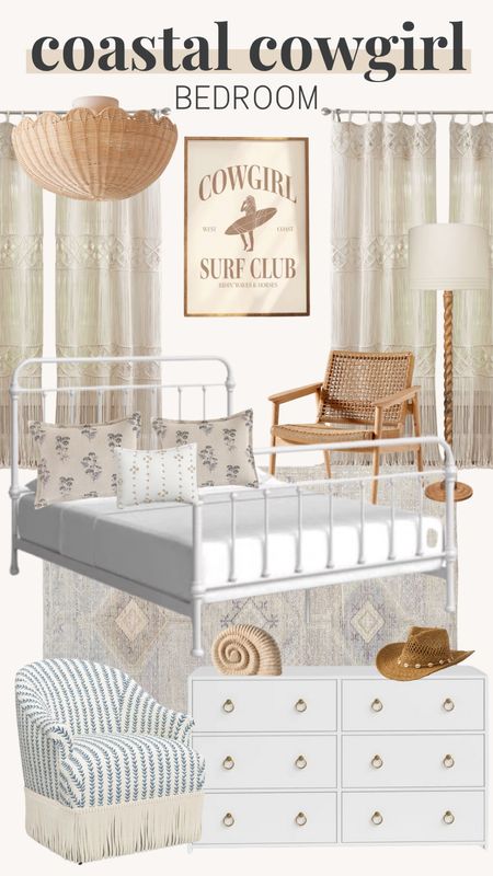 Coastal cowgirl bedroom, wire bed frame, coastal accent chair, white bed frame, white dresser, coastal cowgirl curtains, wall decor, floor lamp, accent chair, girls bedroom, teen bedroom, accent pillows 

#LTKswim #LTKhome #LTKstyletip