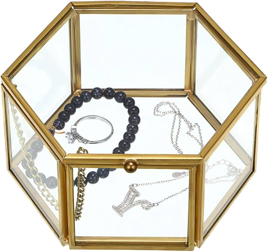 Hipiwe Vintage Glass Jewelry Box - Golden Hexagonal Jewelry Display Organizer Keepsake Box Home D... | Amazon (US)