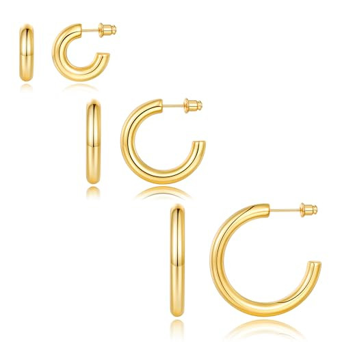 3 Pairs Gold Hoop Earrings for Women, 14K Gold Plated Chunky Hoop Earrings for Women Girls Gold Hoops Thick Chunky Gold Hoop Earrings for Women Trendy Gold Hoop Earrings Set for Women 20/30/40mm | Amazon (US)
