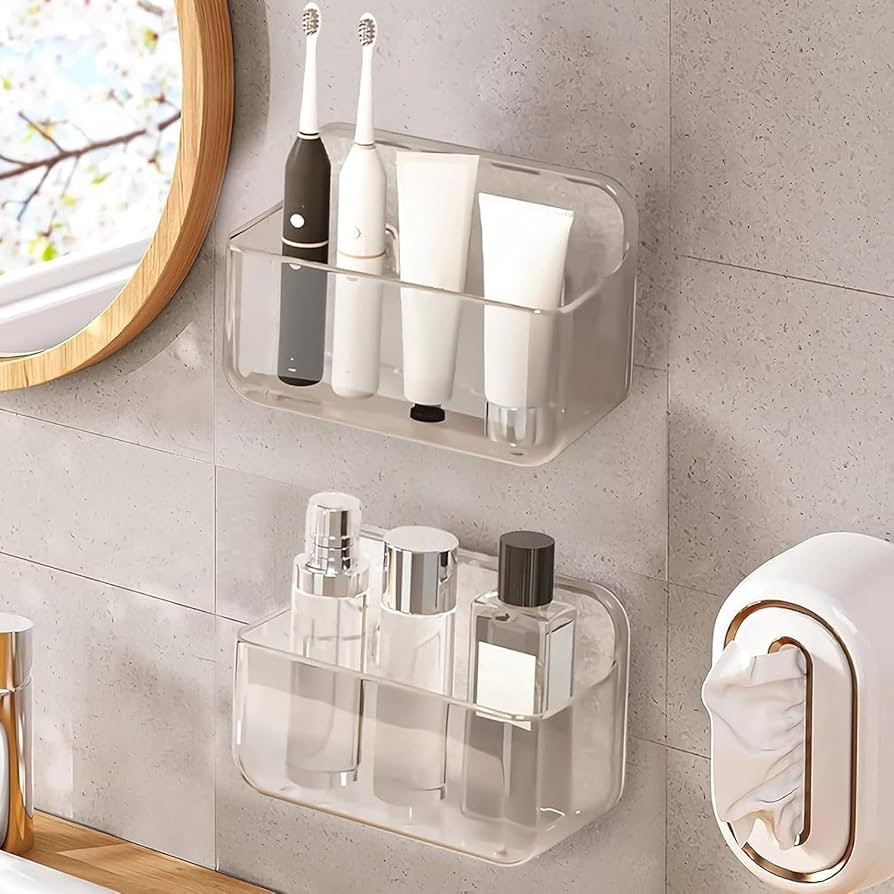 Diesisa 2pc Acrylic Wall Mount Organizer, Acrylic Adhesive Organizer, Clear Shelf, Bathroom Shelv... | Amazon (US)