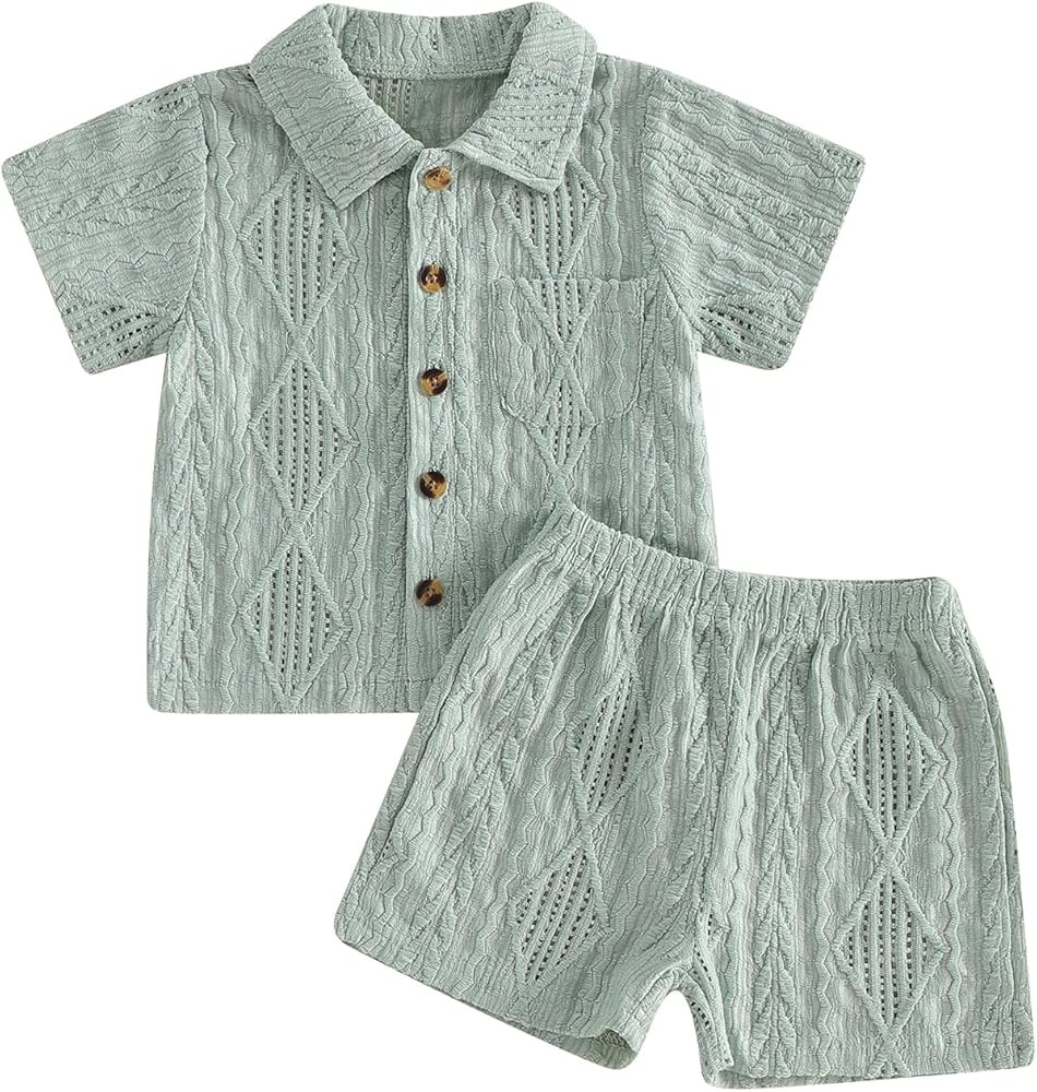 Baby Boy Summer Outfit Infant Striped Button Down Short Sleeve Shirt Tops Shorts Casual Toddler B... | Amazon (US)