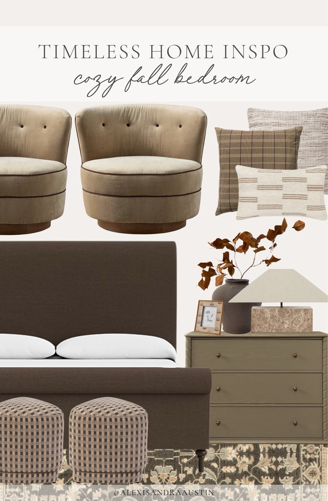 Timeless home inspo featuring a cozy fall bedroom refresh! Collected layers, cozy textures, and seasonal tones for an inspired space.

Home finds, neutral home inspo, fall refresh, primary bedroom refresh, upholstered bed frame, nightstand details, cozy accent chair, cozy throw pillow, faux fall florals, marble table lamp, ottoman details, vintage inspired area rug, Wayfair, Lulu and Georgia, Magnolia, Loloi, Joon Loloi, shop the look!

#LTKSeasonal #LTKHome