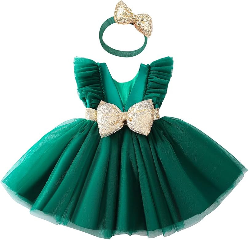 KLFFLGID Baby Girl Sequins Bowknot DressToddler Flutter Sleeve Tutu Gown Flower Girl Wedding Birt... | Amazon (US)