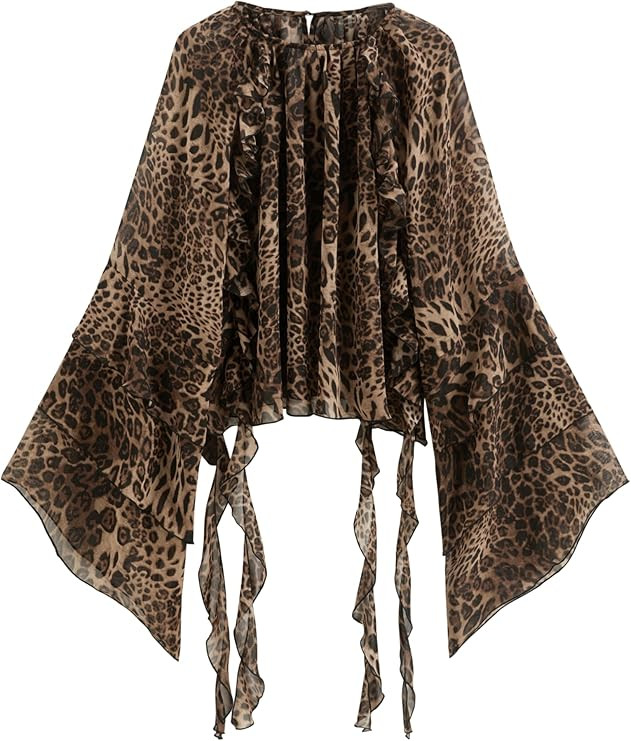 CIDER Womens Blouse Dressy Casual Crew Neck See Through Ruffle Hem Bell Sleeve Loose Fit Chiffon ... | Amazon (US)