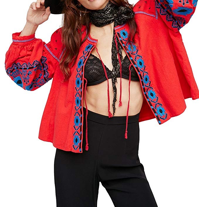 R.Vivimos Womens Autumn Cotton Vintage Embroidered Lantern Sleeve Short Jacket Casual Coat Pockets | Amazon (US)