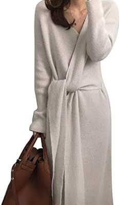 Fanville Womens Jumper Dress Belted Cashmere Sweater Dress Women Fashion Office Lady V Kneck Long... | Amazon (UK)
