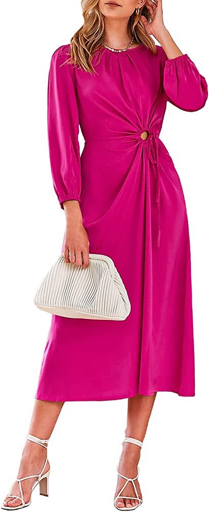 PRETTYGARDEN Women's 2023 Satin Maxi Dress Puff Long Sleeve Crewneck Cutout Casual A-line Long Fl... | Amazon (US)