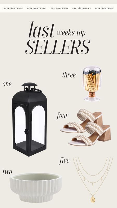 Here are last weeks top 5 sellers! This indoor or outdoor lantern is perfect to put a candle in for extra lighting! The planter adds just the right amount of design for your decor, these matches are in such a cute container that they become part of your decorations. These two tone double strap shoes and layered necklace could be styled with so many outfit options for the summer! 

#LTKHome #LTKShoeCrush #LTKStyleTip