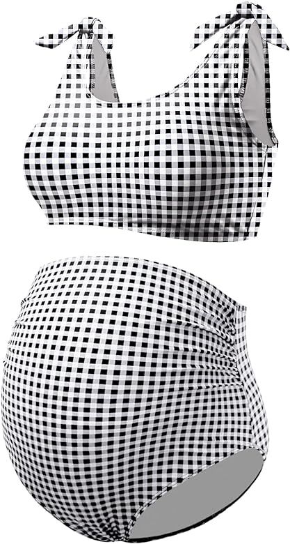 GINKANA Maternity Bikini Set Two Piece Pregnancy Swimsuit Tie Shoulder Straps High Waist Swimwear Pr | Amazon (US)