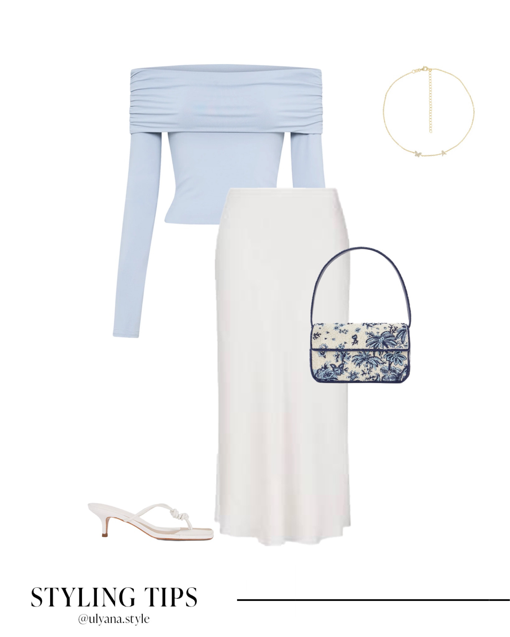 This off the shoulder top paired with a white satin midi skirt, heeled sandals, and a beaded shoulder bag is the perfect outfit for date nights, spring outfits,  or any special occasion. Add a delicate necklace for the perfect finishing touch.
.
.
.
.
.
Date night outfit | sprjng outfit | spring shoes | skirt outfits | cream skirt | long skirt outfits | maxi skirt outfit | satin skirt outfit | silk skirt outfit | white skirt | spring tops | cute tops | dinner tops | dressy tops | light blue top | white sandals | white heels | spring heels | strappy heels | spring bags | outfit ideas | outfit inspo

#LTKSeasonal #LTKU #LTKSaleAlert #LTKGiftGuide #LTKWorkwear #LTKTravel #LTKShoeCrush #LTKItBag #LTKPetite 

#LTKFindsUnder100 #LTKStyleTip #LTKFindsUnder50