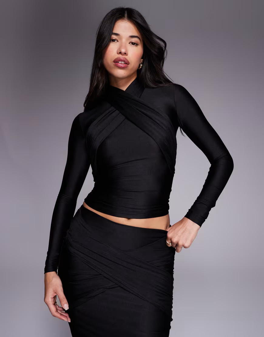 Ruched & Ready Looked Twice sculpted halterneck overlay detail top co-ord in black | ASOS (Global)
