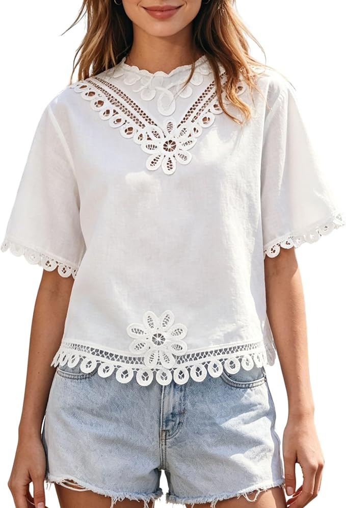 Chevara Women’s Embroidered Shirt Short Sleeve Round Neck Summer Top | Amazon (US)