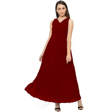 eloria Women s Georgette Summer Casual Pleated Design V Neck Sleevless A Line Long Dress Color : Mar | Walmart (US)