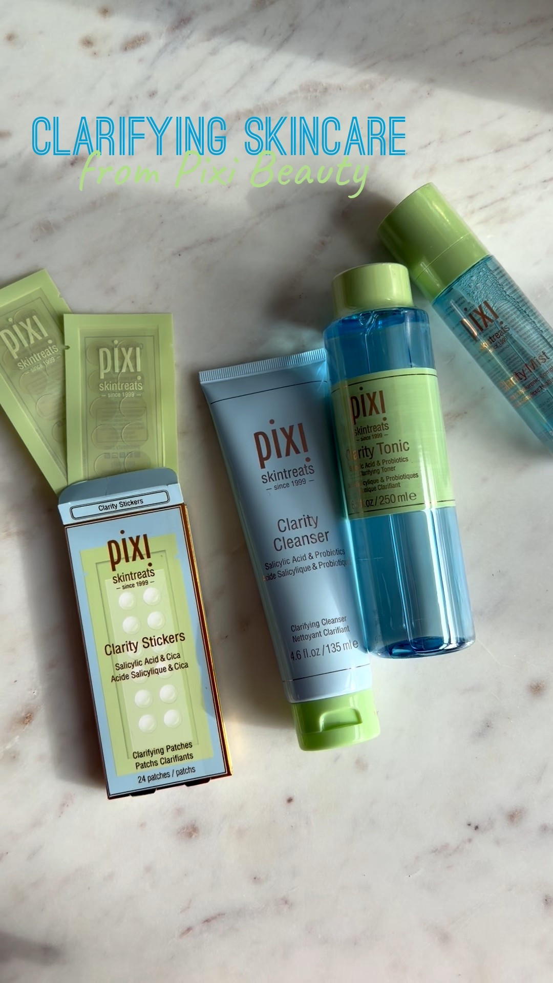 Clarifying skin care, fines for minimized pores, and a balanced complexion, detoxifying cleansing gel and a clarity mist, paired with clarity, blemish stickers, and pimple patches for stubborn zits and acne

Easy skincare for busy moms from Pixi 
