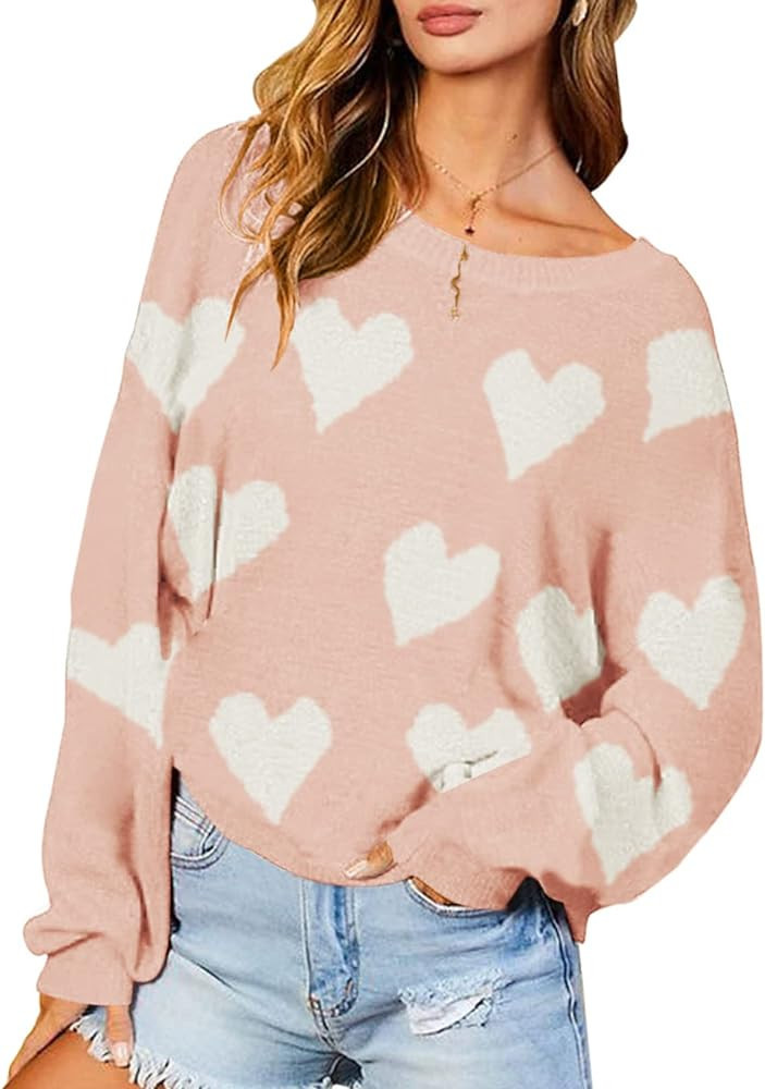 Chang Yun Womens Heart Print Pullover Sweaters Cute Knitted Long Batwing Sleeves Backless Loose W... | Amazon (US)