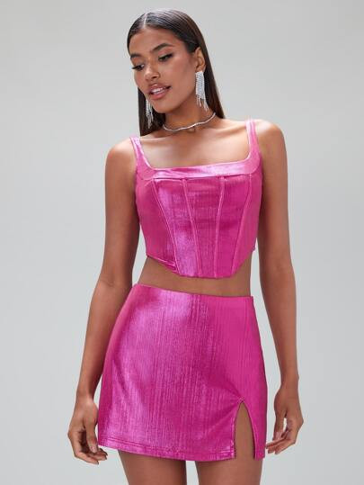 SHEIN BAE Crop Metallic Corset Top & Split Hem Skirt SKU: sw2209289704835054(39 Reviews)Trending ... | SHEIN