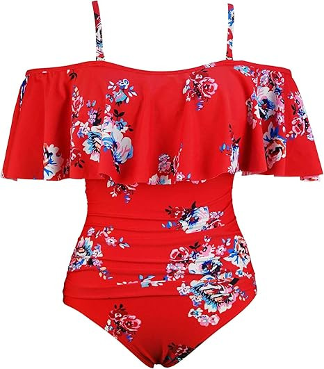 COCOSHIP Women's Retro One Piece Flounce Layered Bather Off Shoulder Swimsuit Ruffled Pin Up Swim... | Amazon (US)