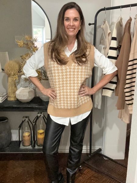 Easy fall outfit with classic vibes. Pair leather pants with a classic white blous and houndstooth patterned sweater vet. Finish off with the seasons lug boot trend and chunky gold earrings 

#LTKstyletip #LTKover40 #LTKSeasonal