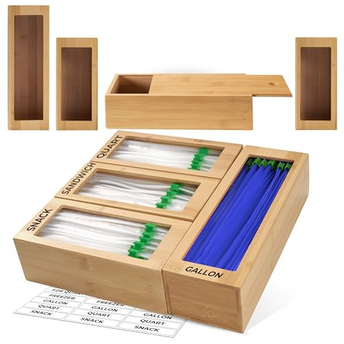 Storage Bag Organizer, Bamboo Baggie Organizer for Drawer, 4 Modular Blocks for Kitchen Organization, Plastic Bag Storage Organizer, Quick Refill - Fits Gallon, Quart, Sandwich, Snack Size Bags | Amazon (US)