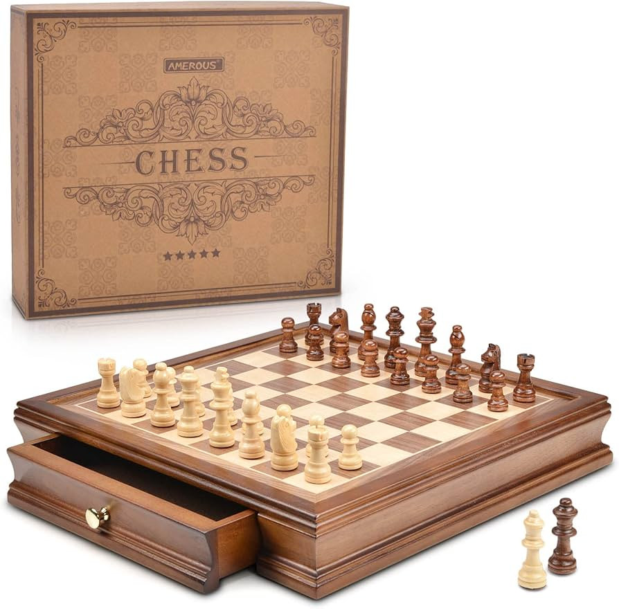 AMEROUS 12.8" x 12.8" Magnetic Wooden Chess Set with 2 Built-in Storage Drawers - 2 Bonus Extra Q... | Amazon (US)