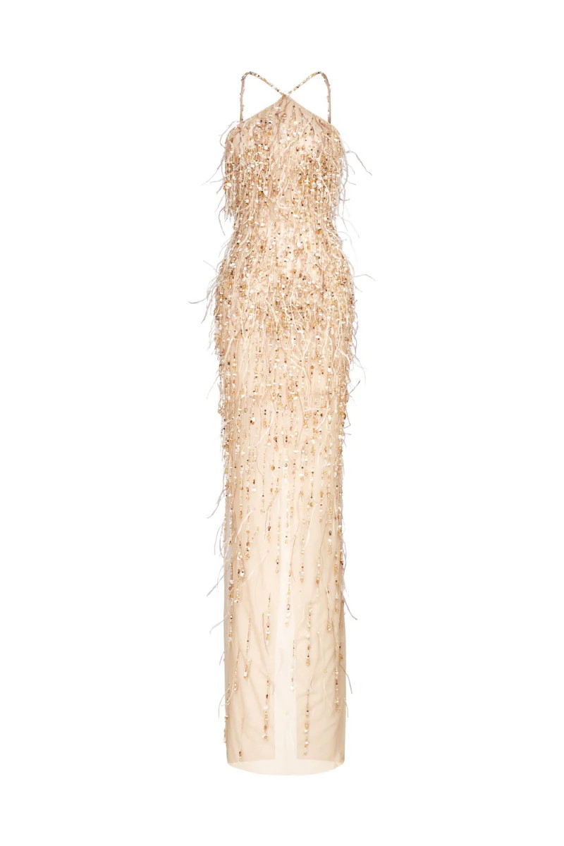 FEATHER & CRYSTAL-FRINGE EMBROIDERED HALTER DRESS | Phan Huy | CULT MIA | CULT MIA UK LTD