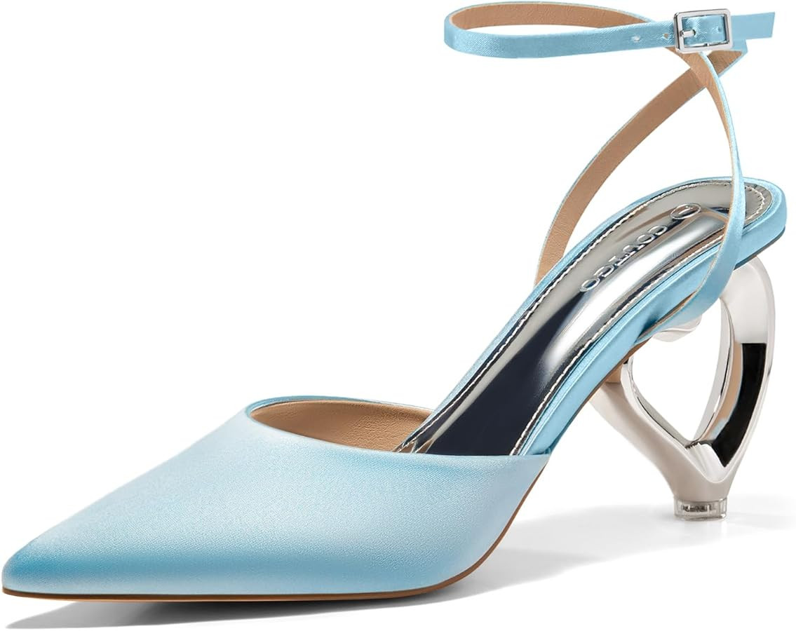 Coutgo Womens Kitten Heels Closed Pointed Toe Heart Heel Ankle Strap Satin Pumps Wedding Prom Dre... | Amazon (US)