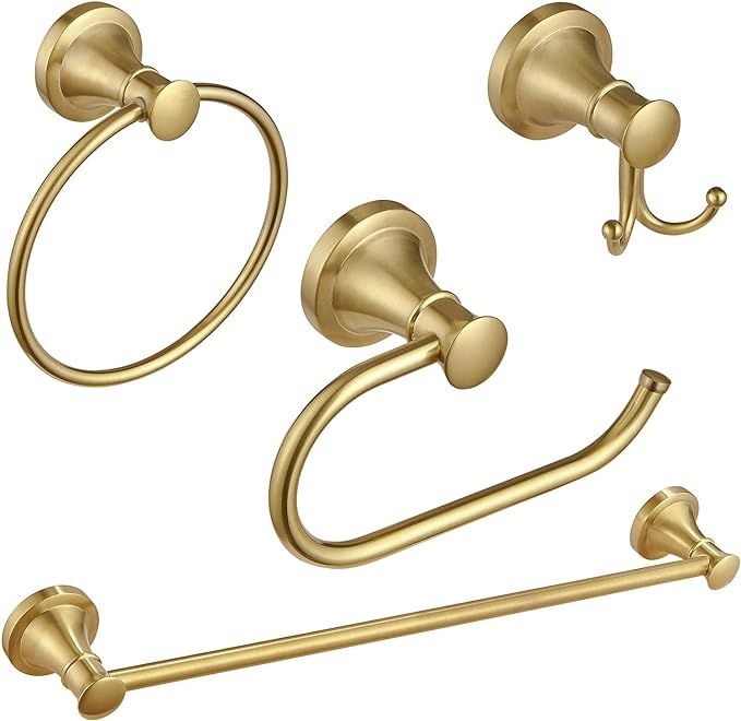 BESy Brushed Gold 4 Piece Bathroom Accessories Set ( Single Towel Bar, Towel Ring, Toilet Paper H... | Amazon (US)