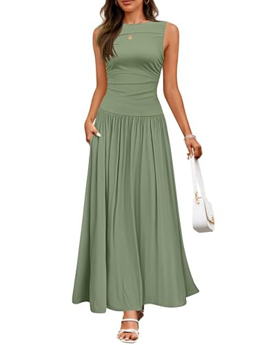 ZESICA Women's Summer Sleeveless Maxi Dress 2025 Casual Crewneck Pleated Flowy Long Dress with Pockets,Green,S | Amazon (US)