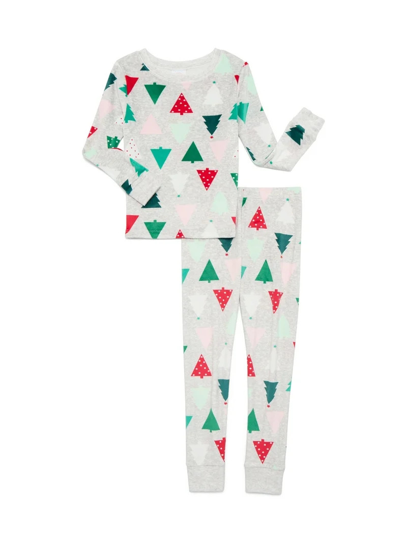 Wonder Nation Girls Christmas Long Sleeve Top and Pants Tight Fit Sleep Set, 2-Piece, Sizes 4-10 | Walmart (US)