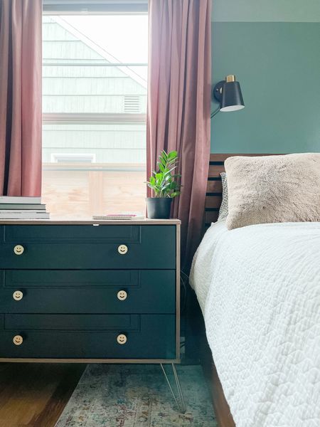 A dresser as a nightstand is my space saving tip in a small home. Wood and black help ground the space so color can be the focus 

#LTKhome #LTKunder50 #LTKstyletip