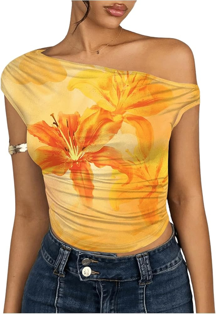 WDIRARA Women's Floral Print One Shoulder T Shirt Ruched Cap Sleeve Asymmetrical Neck Crop Tops | Amazon (US)