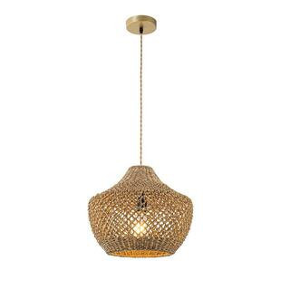 Eli 60-Watt 1-Light Brass Shaded Pendant Light with Natural Rattan Shade, No Blubs Included | The Home Depot