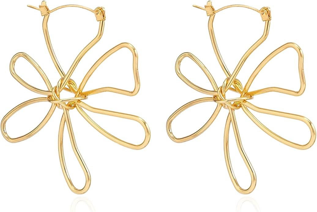 Large Gold Wire Frame Flower Hoops Earring Big Statement Flower Earrings For Women Lightweight Tr... | Amazon (US)