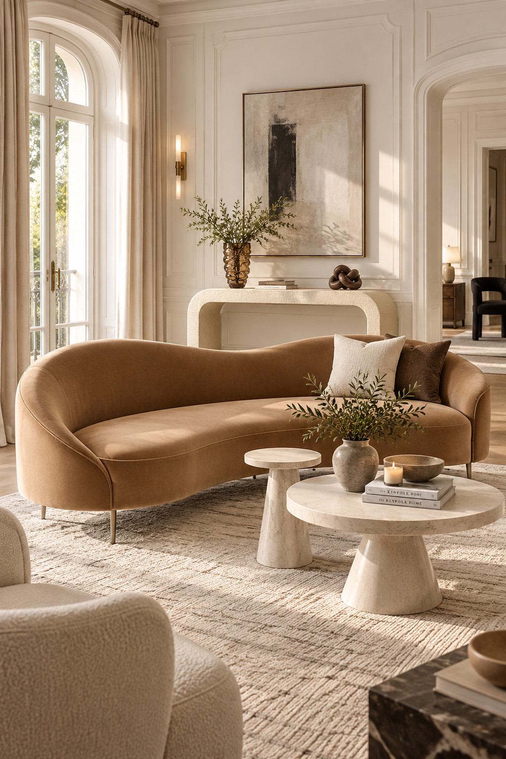This camel curved sofa is such a dreamy fall statement piece. The warm velvet tone works beautifully with ivory rugs, travertine tables, brass details, and soft cream walls. It feels modern, elevated, and still super cozy.
#CurvedSofa #CamelSofa #CB2 #FallLivingRoom #WarmNeutralHome #LuxuryLivingRoom #ModernInteriors #FallDecorIdeas #CozyHomeStyle #LivingRoomGoals 

 #LTKSeasonal #LTKHome #LTKSaleAlert