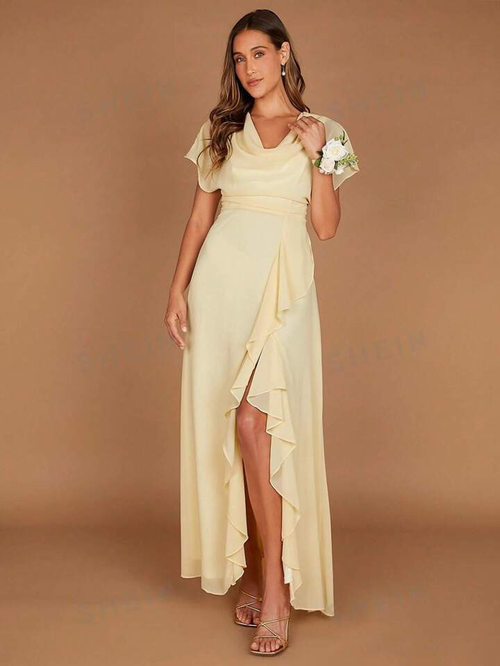 SHEIN Belle Solid Ruffle Trim Draped Detail Chiffon Maxi Bridesmaid Dress | SHEIN