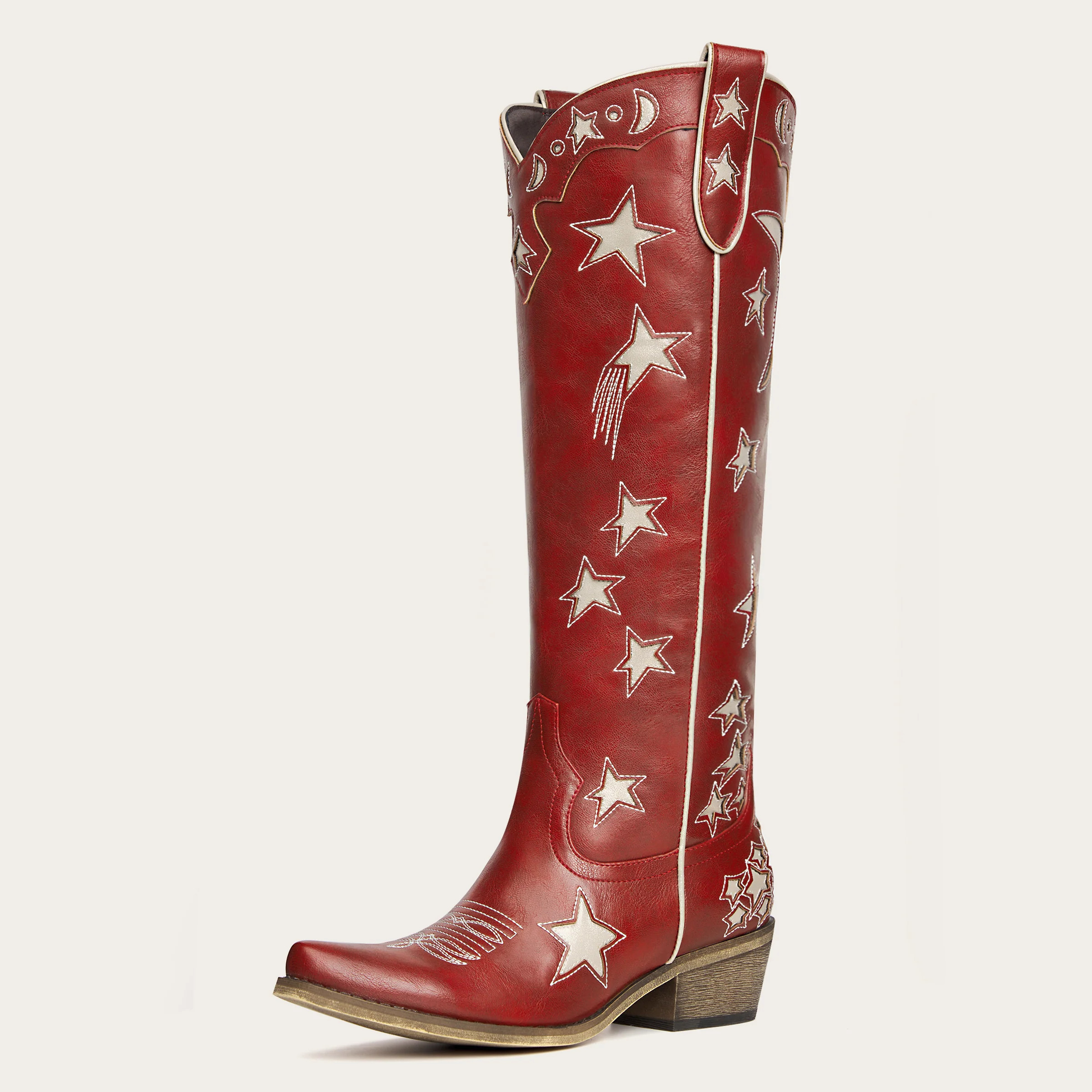 Celestial - Burgundy Star and Moon Embroidered Cowboy Boots | REDTOP