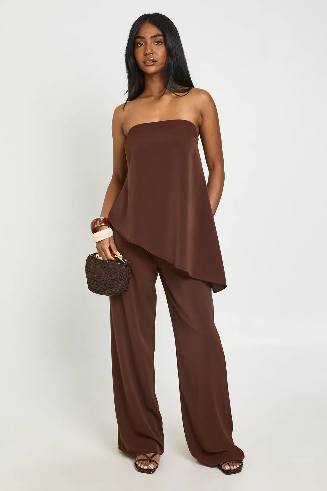 Chocolate Asymmetric Bandeau and Wide Leg Trouser Co-ord | Boohoo | Boohoo.com (UK & IE)