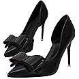 Womens Bow Heels Closed Pointed Toe Dress Shoes Stiletto Slip on Wedding Pumps | Amazon (US)