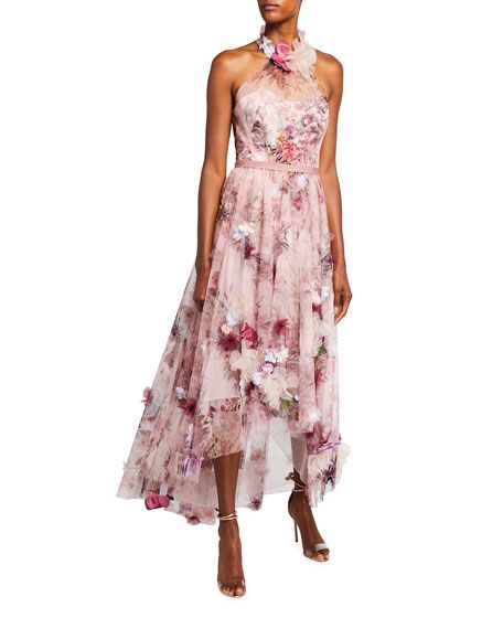 High-Low Floral Printed Tulle Halter Dress with 3D Flowers | Neiman Marcus