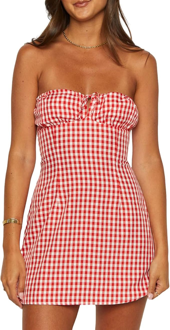 Women Y2K Gingham Mini Dress Fairy Sleeveless Strapless Plaid Tube Top Bodycon Dress Party Cockta... | Amazon (US)