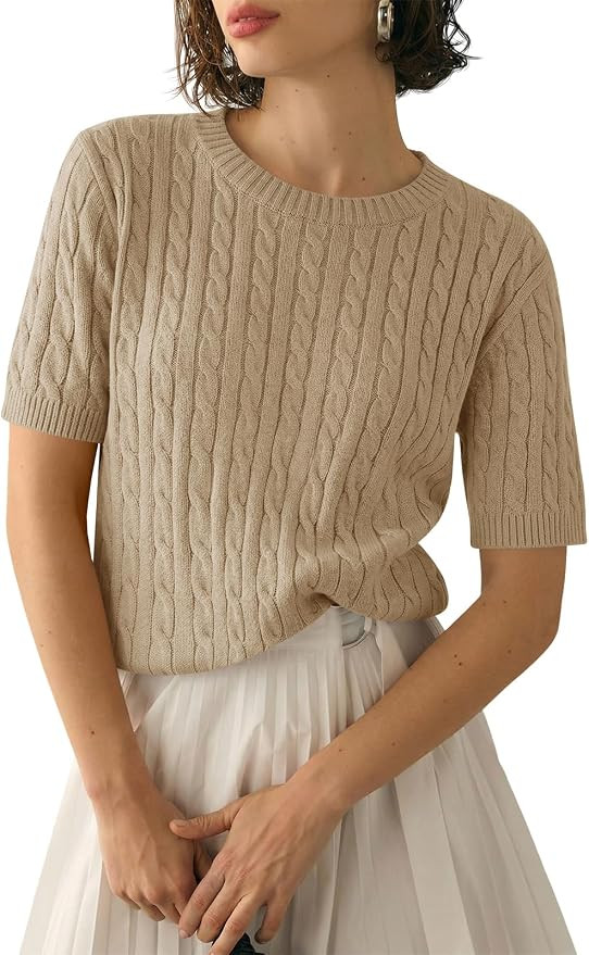 Saodimallsu Womens Cable Knit Sweater Tops Short Sleeve Crew Neck Loose Casual Summer Pullover Sw... | Amazon (US)