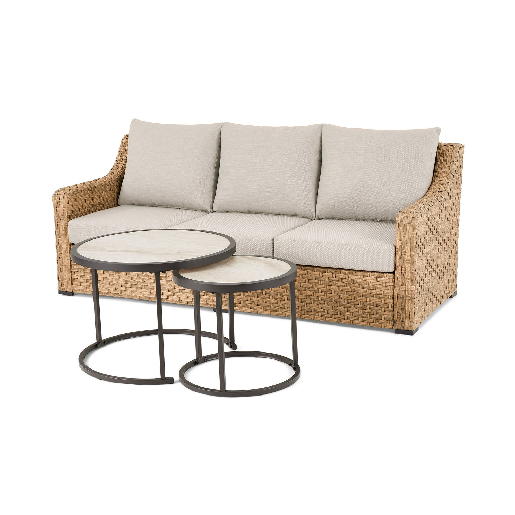 Better Homes & Gardens River Oaks Outdoor Sofa & 2 Nesting Tables with Patio Cover, Natural | Walmart (US)