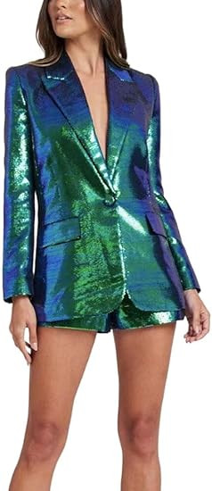 Sequin Blazer and Short Set for Women 2 PC Slim Fit Notch Lapel Prom Party Suit Women's Glitter S... | Amazon (US)