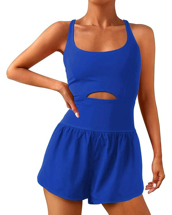 Wenlia Women Workout Romper Onesie with Padded Bras Sleeveless One Piece Outfits Shorts Atheletic... | Amazon (US)