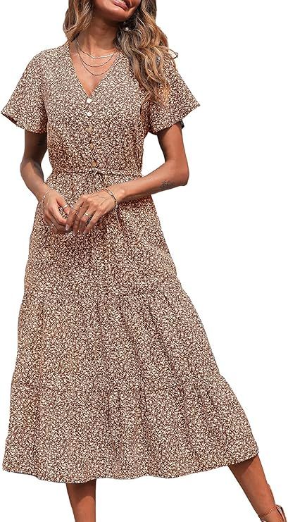 PRETTYGARDEN Women's Floral Boho Dress Casual Short Sleeve V Neck Ruffle Tiered Summer Swing Maxi... | Amazon (US)