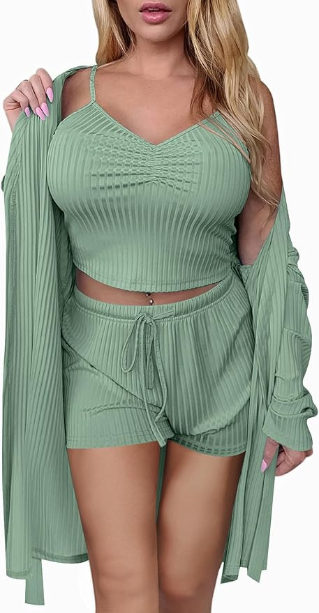 Ekouaer Women Pajamas Set 3 Piece Lounge Sets with Open Front Cardigan Pocketed Cami and Shorts P... | Amazon (US)