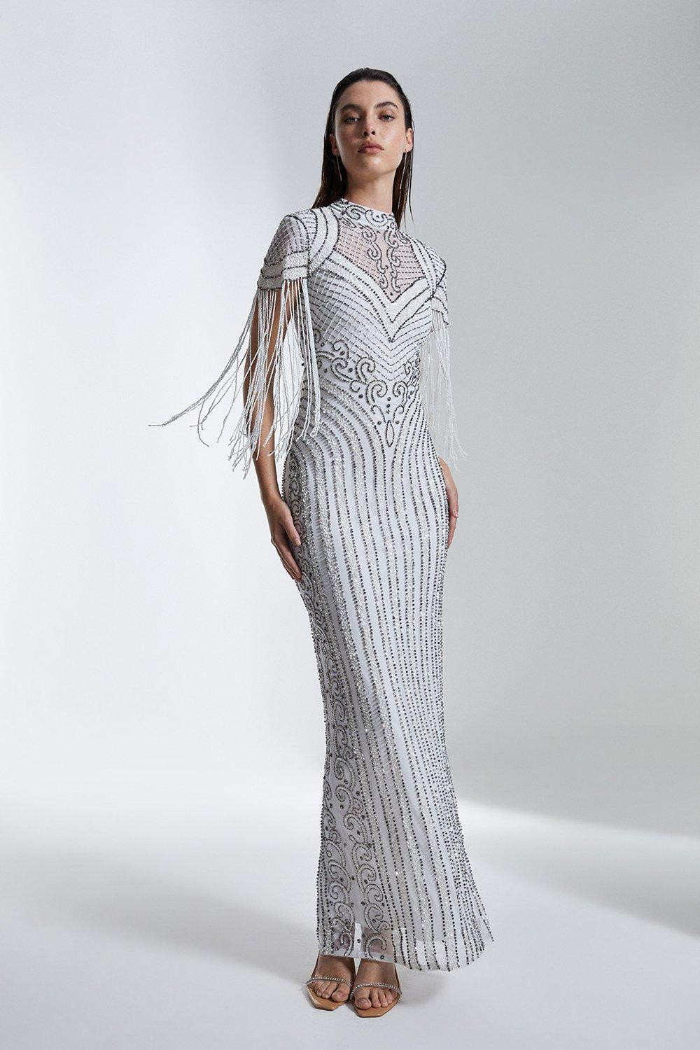 Tall Fringe And Beaded Cap Sleeve Maxi Dress | Karen Millen UK + IE + DE + NL