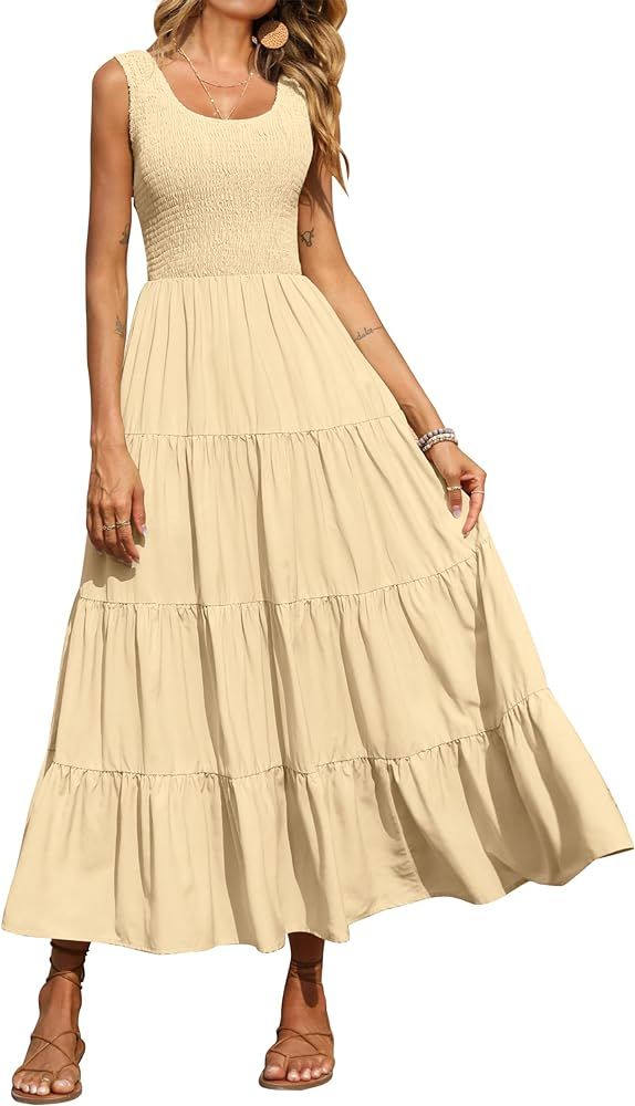 PRETTYGARDEN Womens Smocked Sleeveless Tiered Long Dresses | Amazon (US)