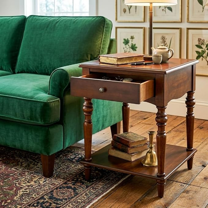 End Table with Drawer and Storage Shelf, Solid Wood Sofa Side Table, Square Beside Table, Telepho... | Amazon (US)