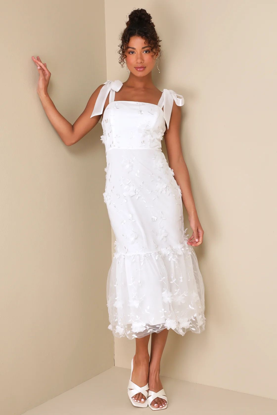 Divinely Adored White Embroidered Floral Tie-Strap Midi Dress | Lulus